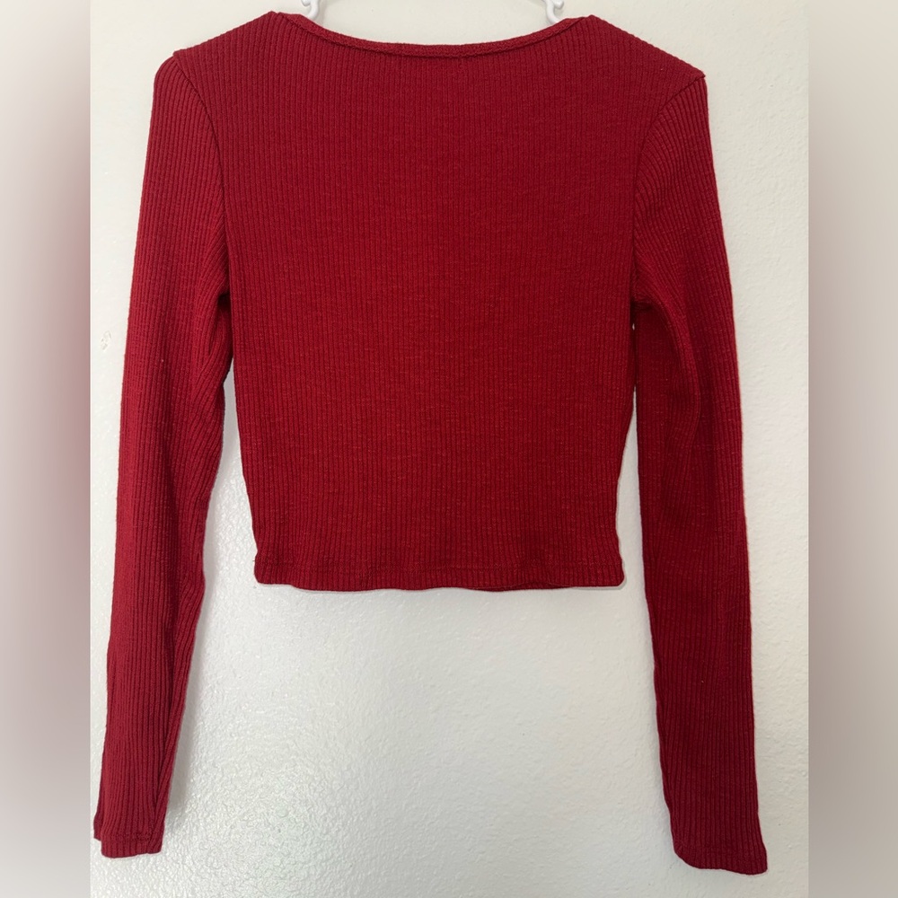 Ribbed Henley Long-Sleeve Crop Top - Red - Picture 2 of 5